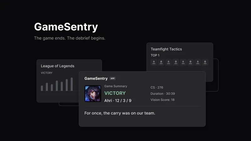 GameSentry cover showing League of Legends and Teamfight Tactics match summaries