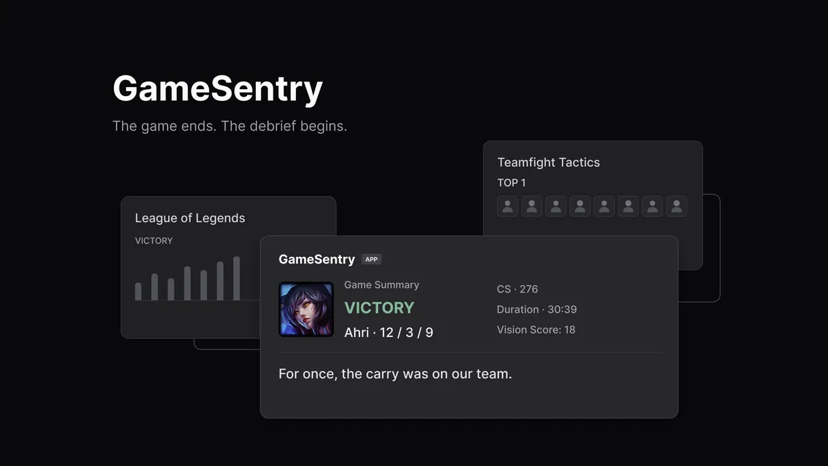 GameSentry cover showing League of Legends and Teamfight Tactics match summaries