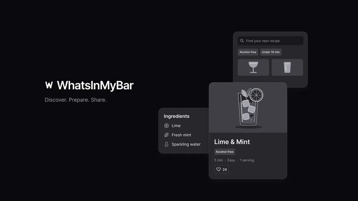 WhatsInMyBar cover showing cocktail recipes and the application's main features