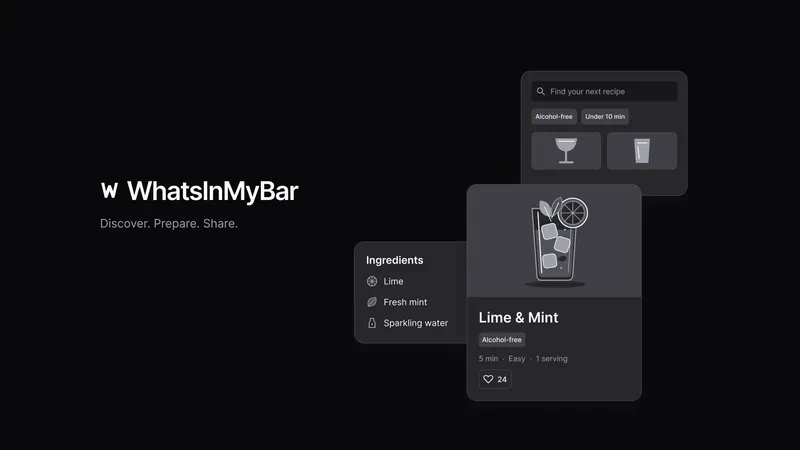 WhatsInMyBar cover showing cocktail recipes and the application's main features