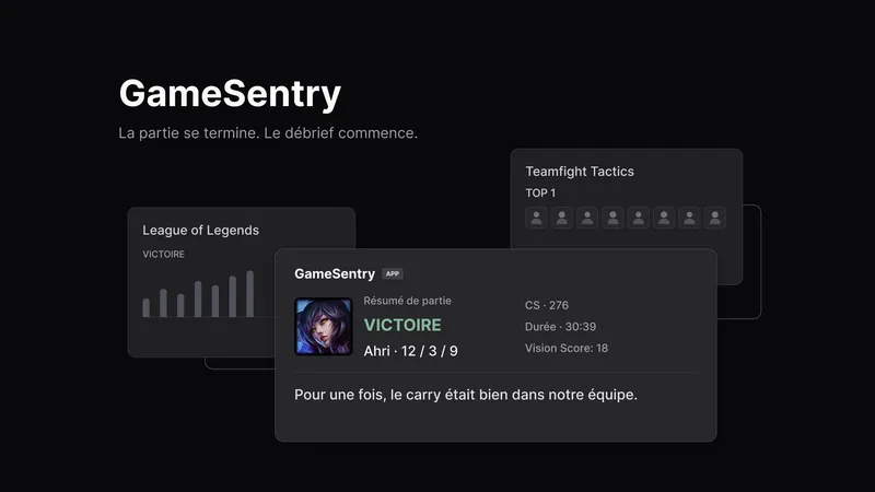Couverture de GameSentry montrant des résumés de parties de League of Legends et Teamfight Tactics